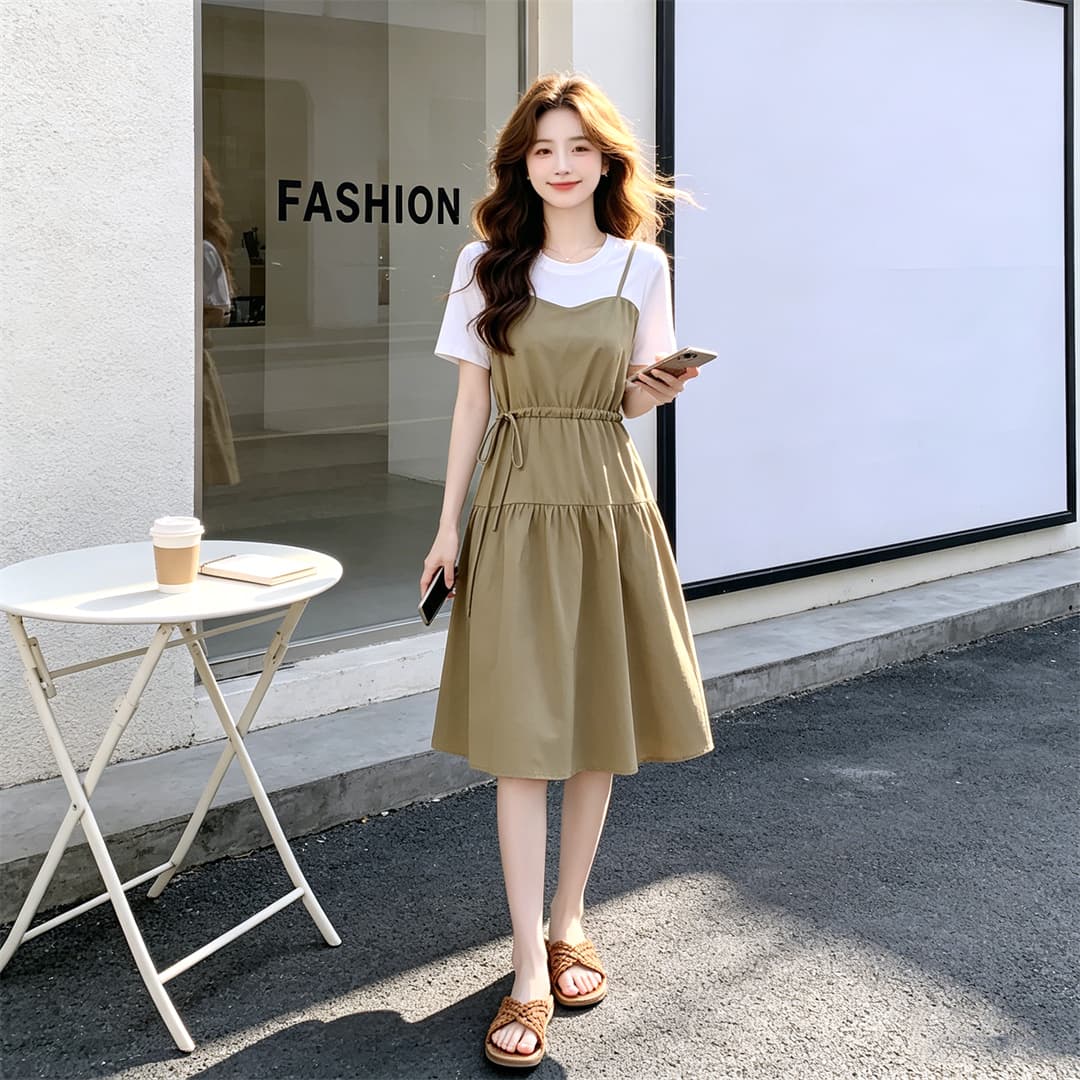 2026 년 새로운 여성 드레스 여름 드레스 작은 키 반팔 여름 가짜 2 피스 슈트 여름 슬립 치마 이미지 3
