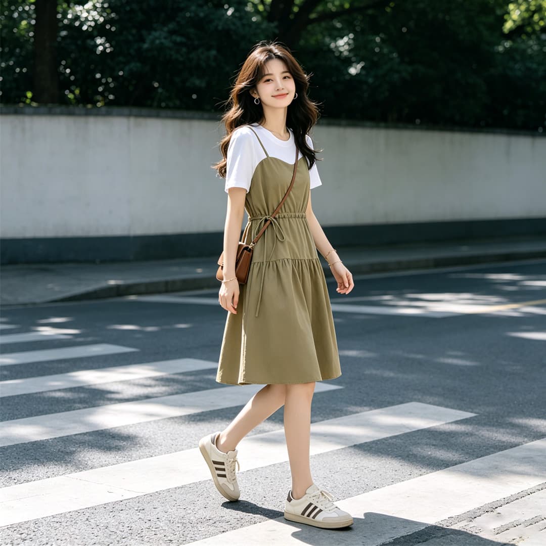 새로운 여성 드레스 여름 드레스 작은 키 2026 년 반팔 여름 가짜 2 피스 슈트 여름 슬립 치마 이미지 3