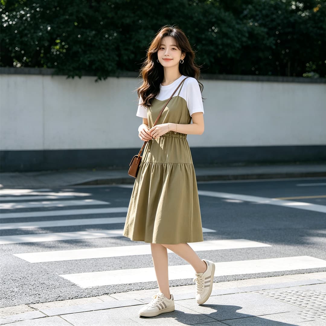 새로운 여성 드레스 여름 드레스 작은 키 2026 년 반팔 여름 가짜 2 피스 슈트 여름 슬립 치마 상세 이미지 6