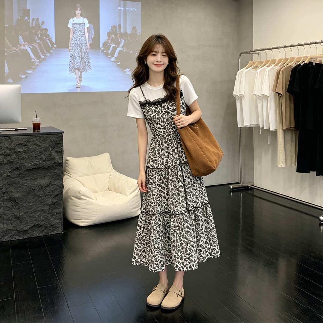 여름 프랑스식 꽃무늬 드레스 2026 새로운 작은 키 화이트 여성 해변가 휴가 슬림해 보이는 무릎 아래 길다 치마 상세 이미지 4