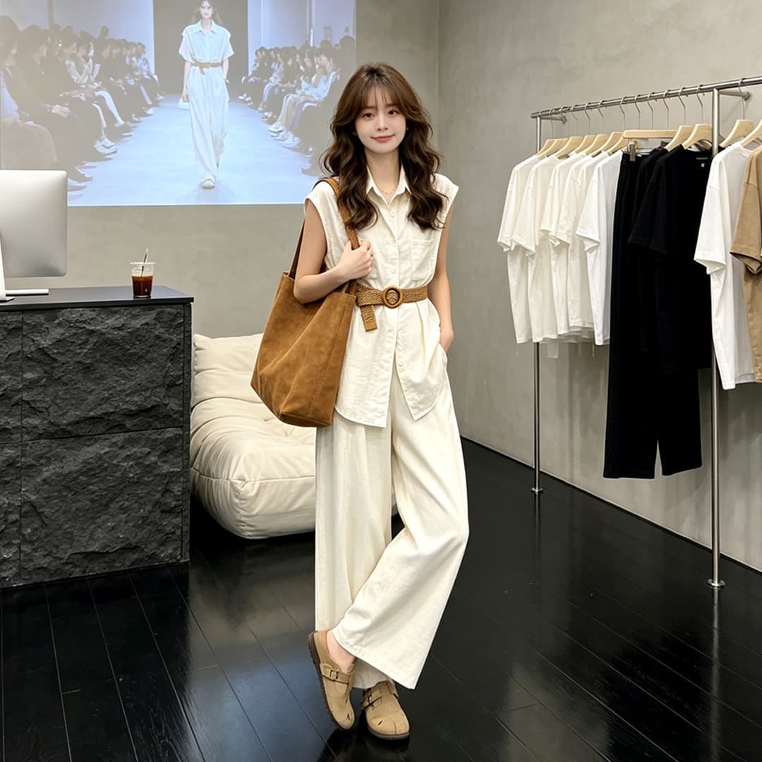 새로운 2026 쌀 살구 색상 여름 허리 수축 셔츠 와이드 레그 팬츠 세트 여성 품격 점잖은 고급 센스 두 조각 바지 이미지 3