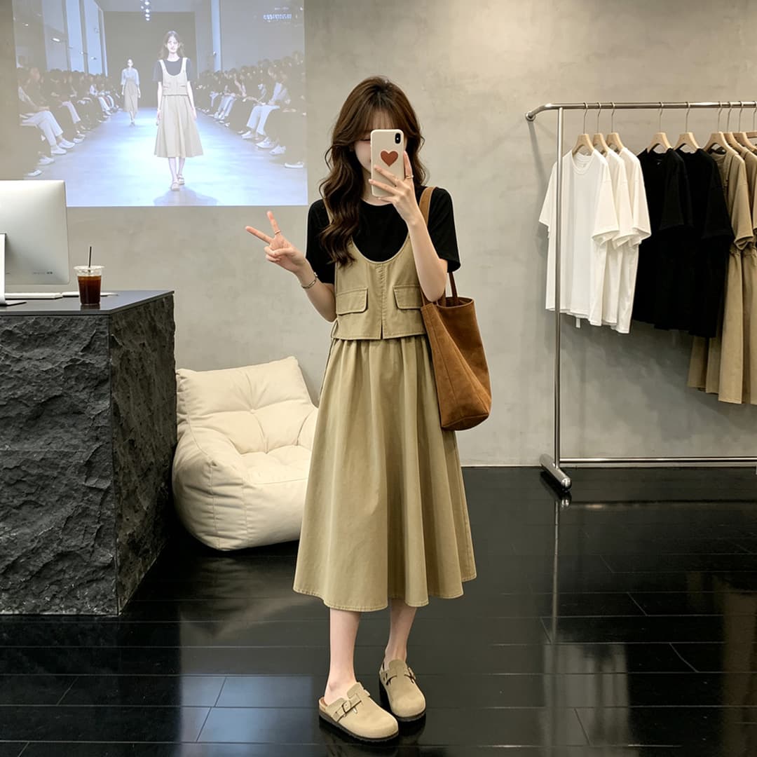 2026 년 새로운 여름 드레스 여성 드레스 여름 작은 키 멜빵 페이크 레이어드 반팔 슬립 여름 품격 치마 상세 이미지 2