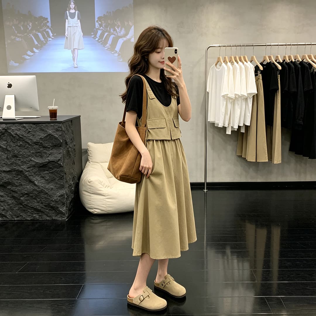 2026 년 새로운 여름 드레스 여성 드레스 여름 작은 키 멜빵 페이크 레이어드 반팔 슬립 여름 품격 치마 상세 이미지 3