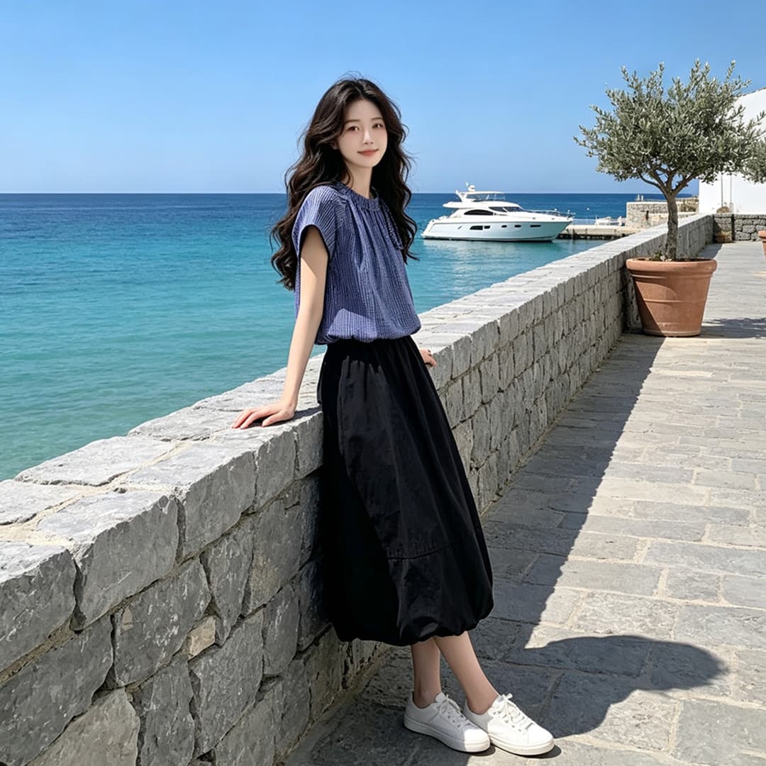 2026 반팔 맨위 반신 스커트 두 조각 여성 세트 여름 새로운 패션 품격 외국 가스 연령 감소 세트 드레스 전체 집합 상세 이미지 2