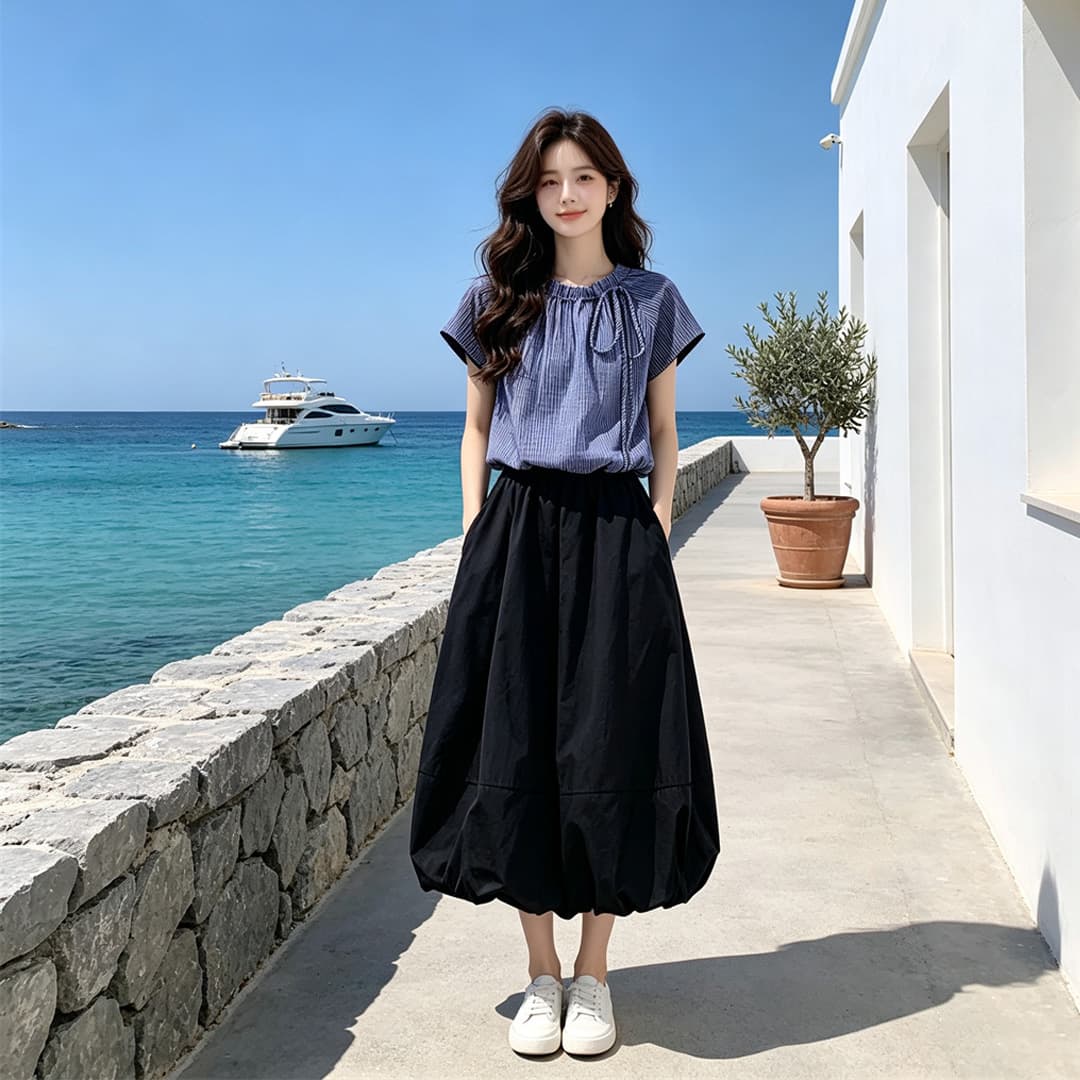 2026 반팔 맨위 반신 스커트 두 조각 여성 세트 여름 새로운 패션 품격 외국 가스 연령 감소 세트 드레스 전체 집합 상세 이미지 3