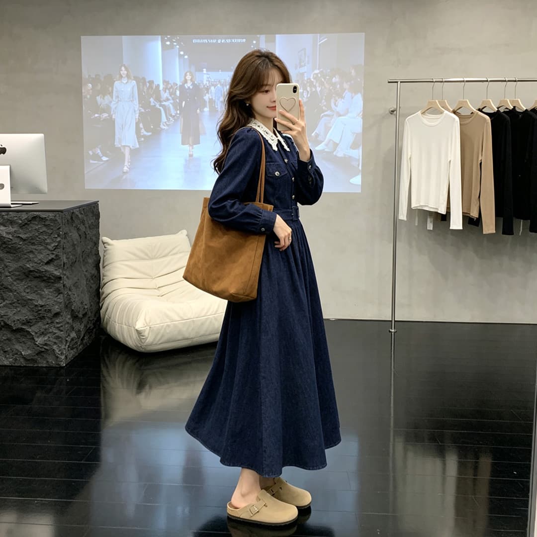 2026 봄 가을 새로운 프랑스식 코듀로이 긴팔 여성 드레스 자이언트 잘 생긴 레이스 조각 레트로 롱 스커트 상세 이미지 3