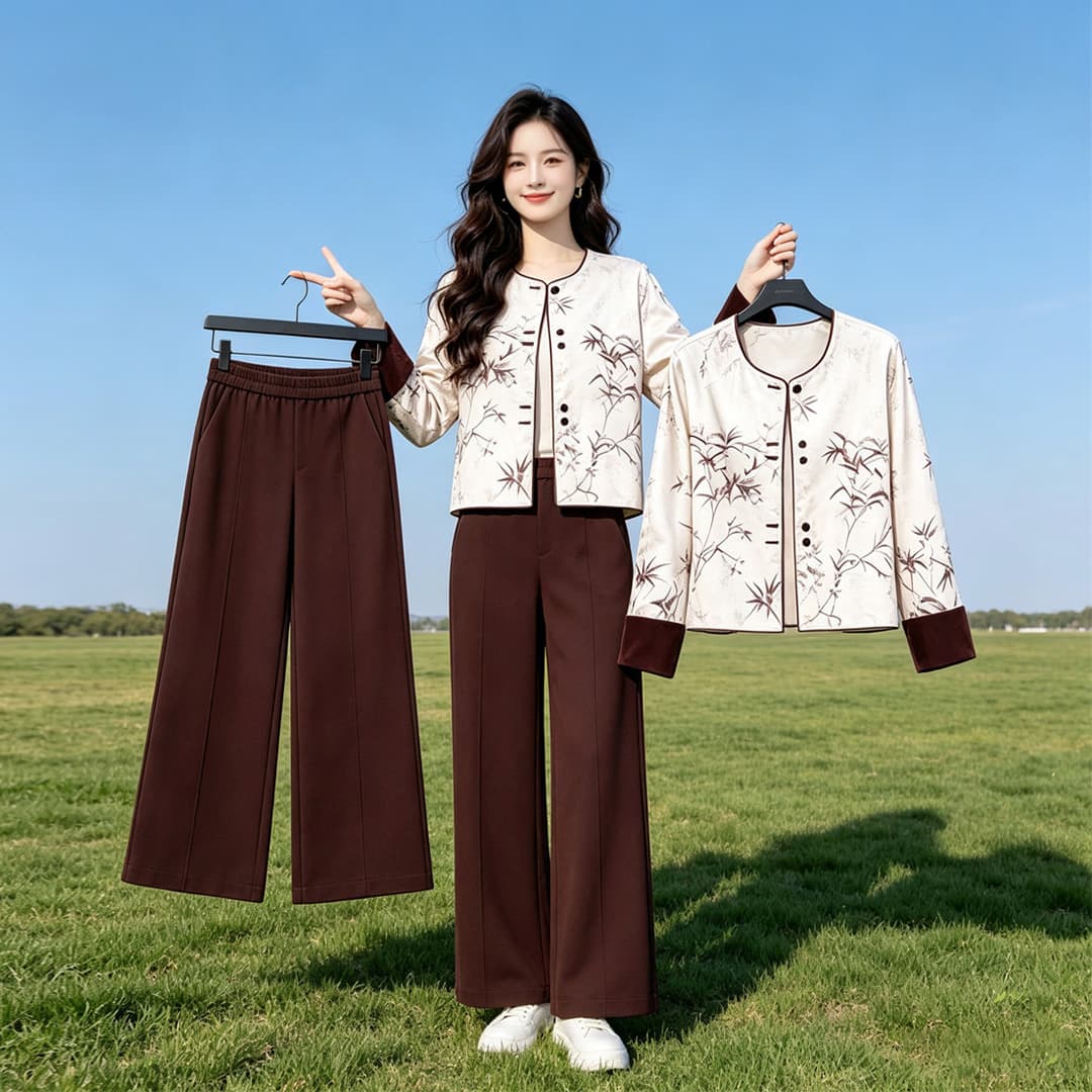 새로운 2026 봄 가을 새로운 중식 세트 여성 패션 착용 가져 가라. 고급 센스 프린트 재킷 와이드 레그 팬츠 투피스 세트 이미지 4