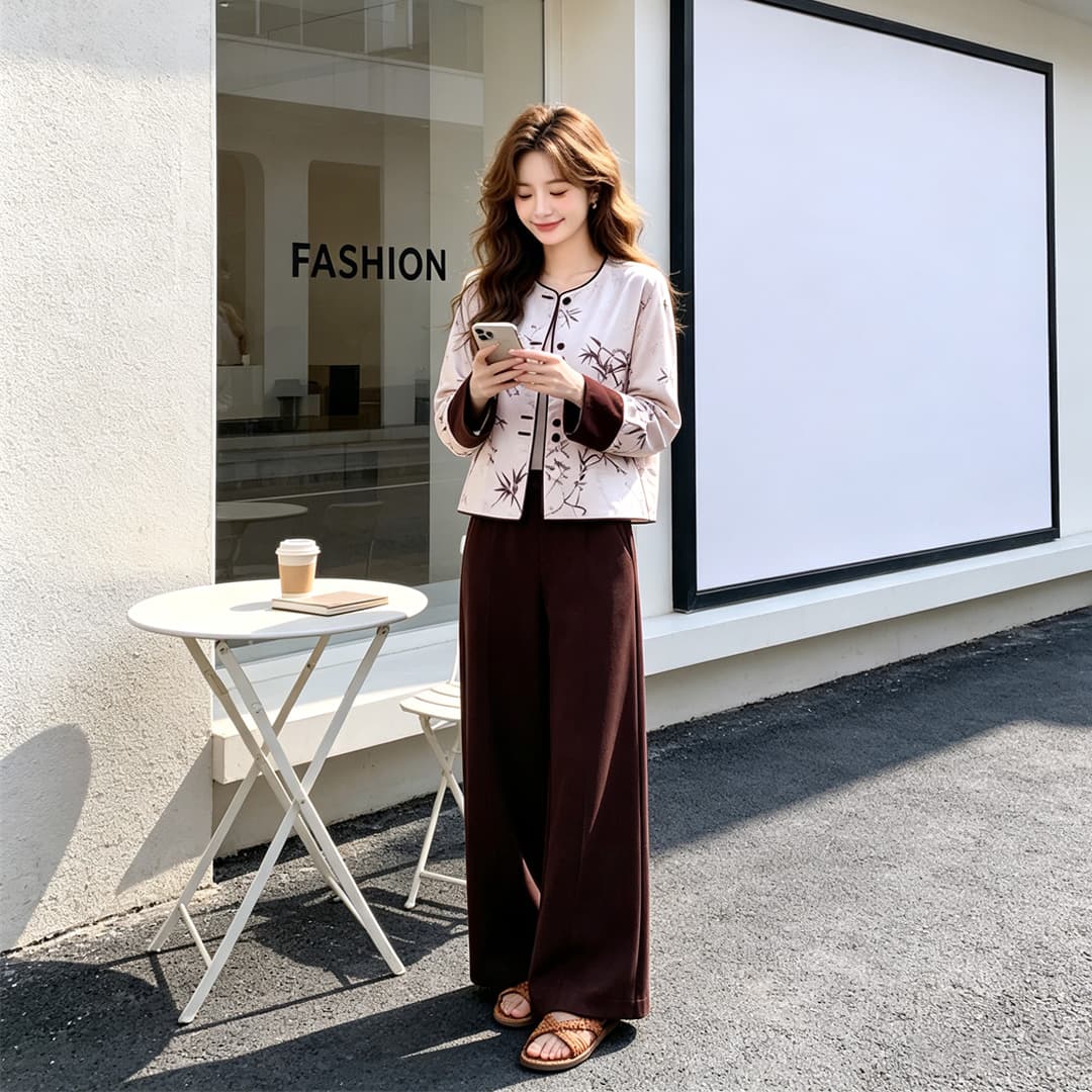 새로운 2026 봄 가을 새로운 중식 세트 여성 패션 착용 가져 가라. 고급 센스 프린트 재킷 와이드 레그 팬츠 투피스 세트 이미지 2