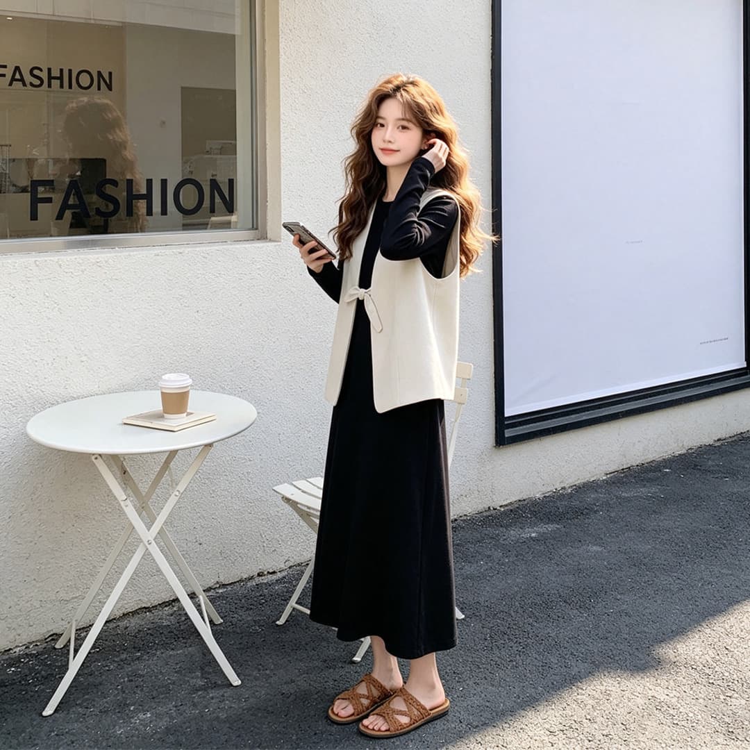 봄 2026 새로운 오래된 돈 바람 한 부서 품격 점프 슈트 치마 세트 여성 고급 센스 나비 매듭 베스트 투피스 세트 이미지 2