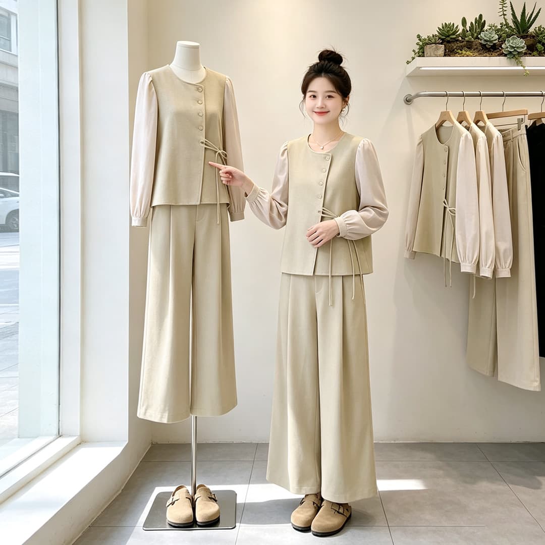 2026 새로운 봄 가을 미니멀리즘 배색 레이스업 세트 여성 품격 고급 센스 와이드 레그 팬츠 투피스 세트 외국 가스 상세 이미지 2