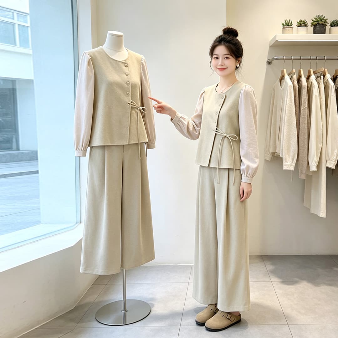 2026 새로운 봄 가을 미니멀리즘 배색 레이스업 세트 여성 품격 고급 센스 와이드 레그 팬츠 투피스 세트 외국 가스 상세 이미지 6