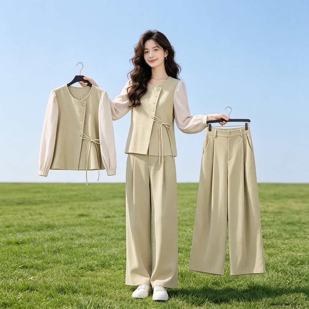 2026 새로운 봄 가을 미니멀리즘 배색 레이스업 세트 여성 품격 고급 센스 와이드 레그 팬츠 투피스 세트 외국 가스 상세 이미지 6