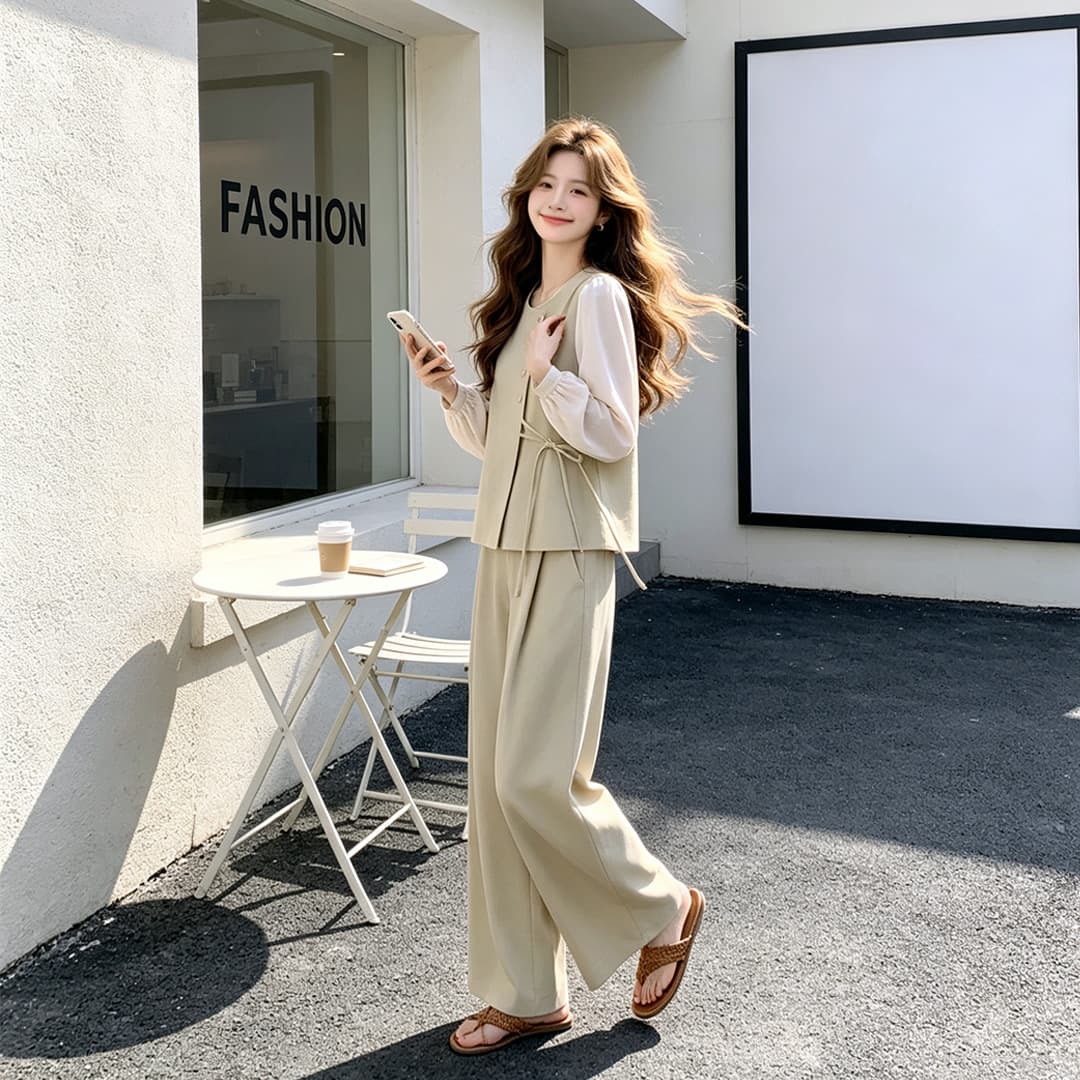 2026 새로운 품격 봄 가을 미니멀리즘 배색 레이스업 세트 여성 고급 센스 와이드 레그 팬츠 투피스 세트 외국 가스 이미지 2