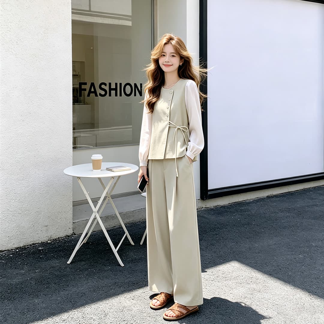 2026 새로운 품격 봄 가을 미니멀리즘 배색 레이스업 세트 여성 고급 센스 와이드 레그 팬츠 투피스 세트 외국 가스 상세 이미지 5