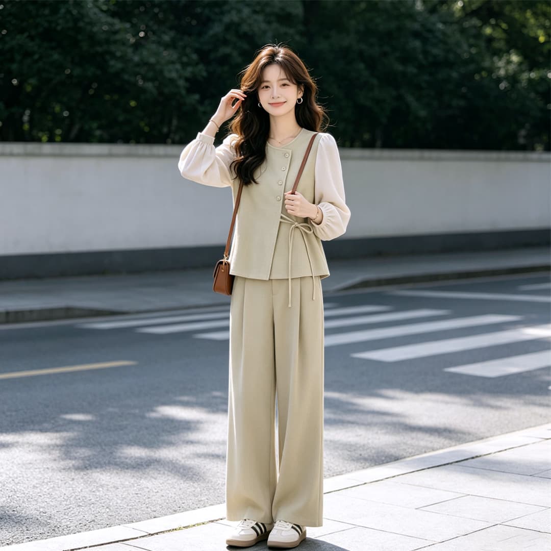 배색 레이스업 세트 여성 2026 새로운 봄 가을 미니멀리즘 품격 고급 센스 와이드 레그 팬츠 투피스 세트 외국 가스 상세 이미지 3