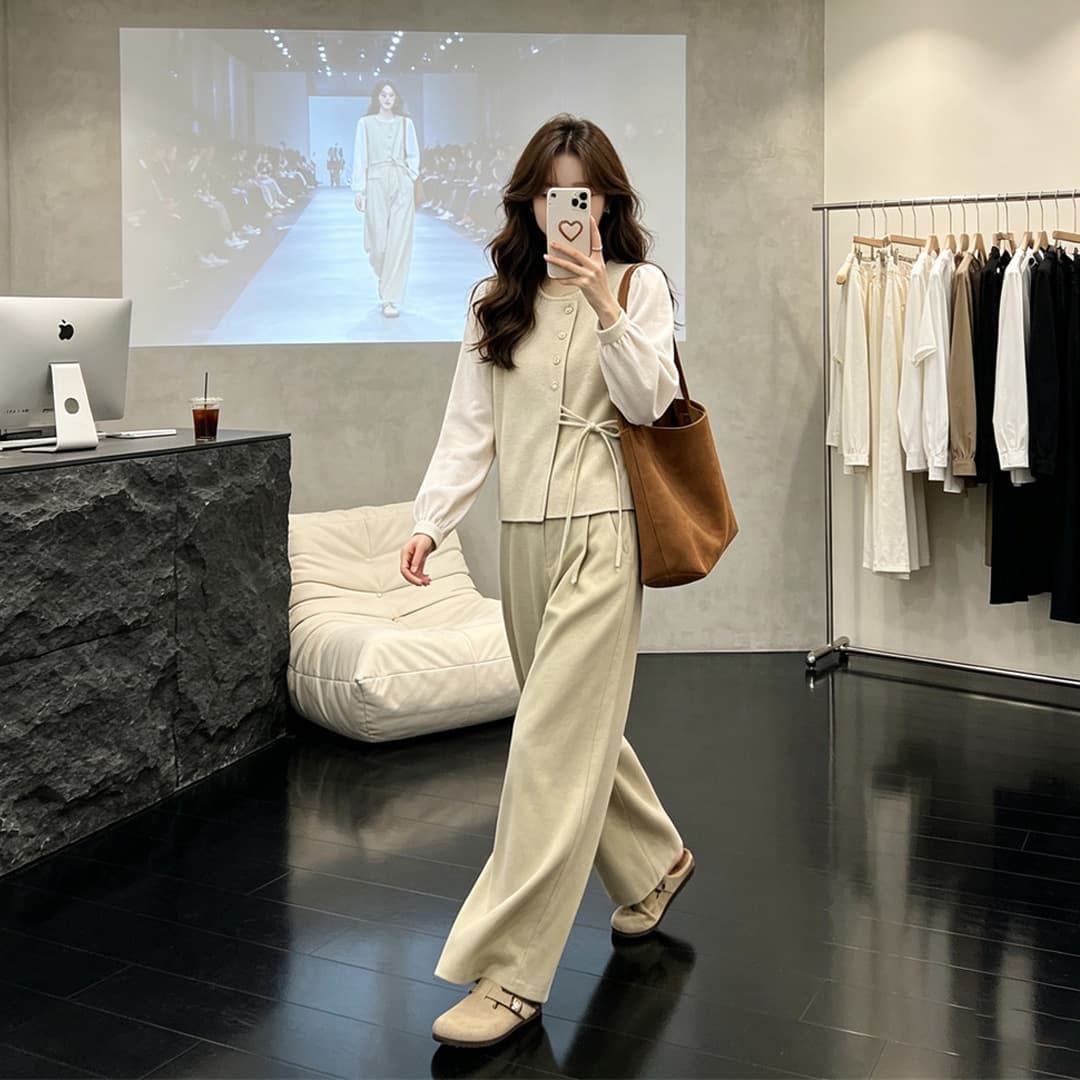 2026 새로운 품격 봄 가을 미니멀리즘 배색 레이스업 고급 센스 세트 여성 와이드 레그 팬츠 투피스 세트 외국 가스 상세 이미지 6