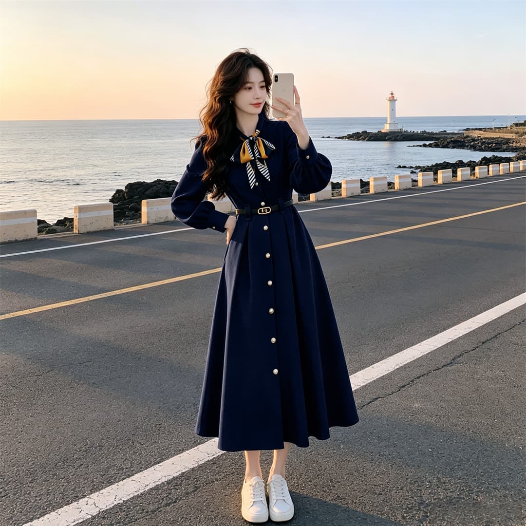 2026 년 새로운 프랑스식 작은 샤넬 스타일 중요 경우 아름다운 파란색 여성 드레스 특별 아름다운 꼬집기 허리 롱 스커트 이미지 3
