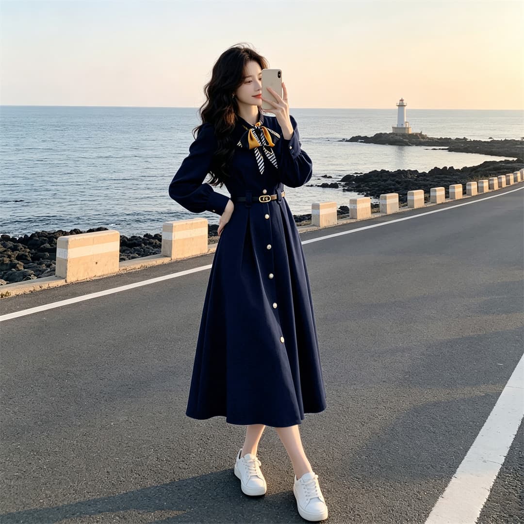 2026 년 새로운 프랑스식 작은 샤넬 스타일 중요 경우 아름다운 파란색 여성 드레스 특별 아름다운 꼬집기 허리 롱 스커트
