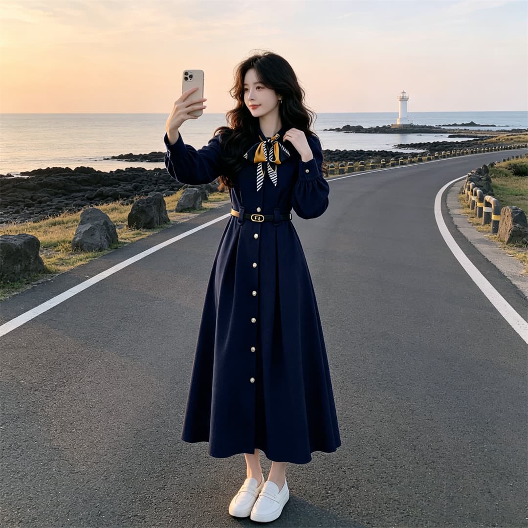 2026 년 새로운 프랑스식 작은 샤넬 스타일 중요 경우 아름다운 파란색 여성 드레스 특별 아름다운 꼬집기 허리 롱 스커트 상세 이미지 3