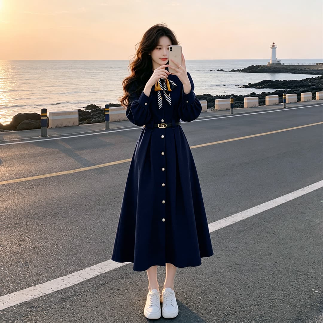 2026 년 새로운 프랑스식 작은 샤넬 스타일 중요 경우 아름다운 파란색 여성 드레스 특별 아름다운 꼬집기 허리 롱 스커트 상세 이미지 5