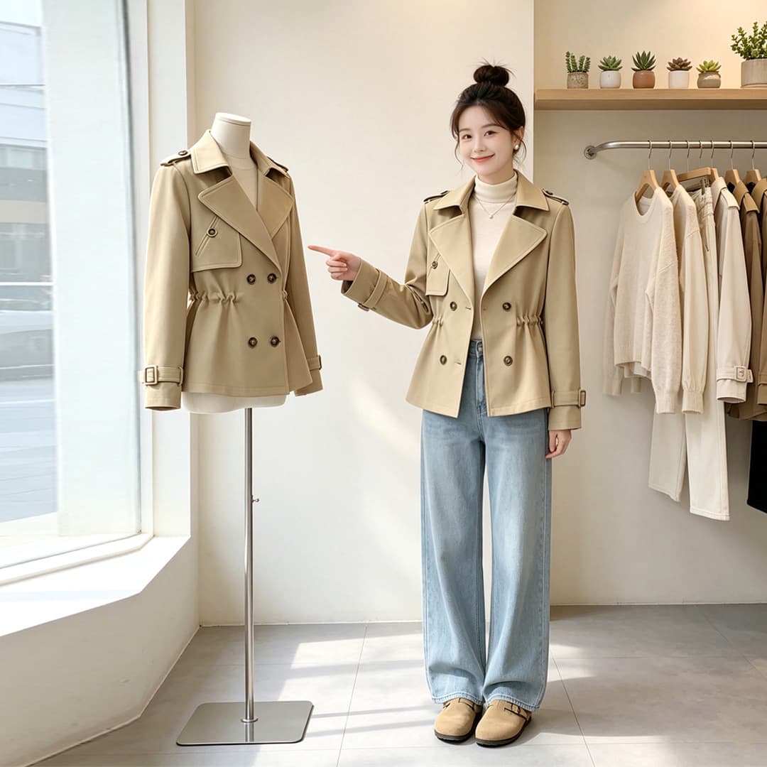 2026 년 고급 센스 작은 키 카키 색 쇼트 스타일 바람막이 펌프 로프 여자 새로운 봄 가을 품격 허리 수축 재킷 이미지 2