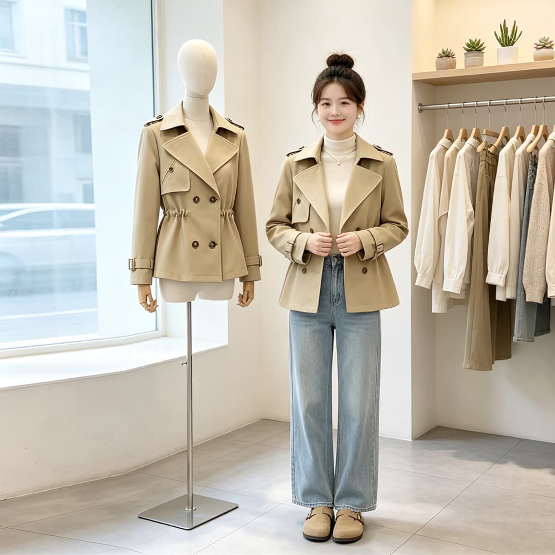 2026 년 고급 센스 작은 키 베이지 색 쇼트 스타일 바람막이 펌프 로프 여자 새로운 봄 가을 품격 허리 수축 재킷 상세 이미지 7