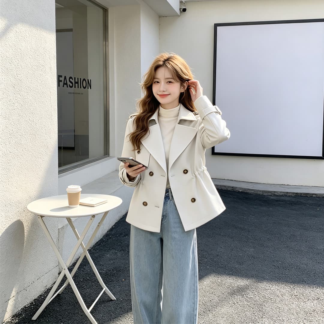 2026 년 고급 센스 작은 키 베이지 색 쇼트 스타일 바람막이 펌프 로프 여자 새로운 봄 가을 품격 허리 수축 재킷 상세 이미지 7
