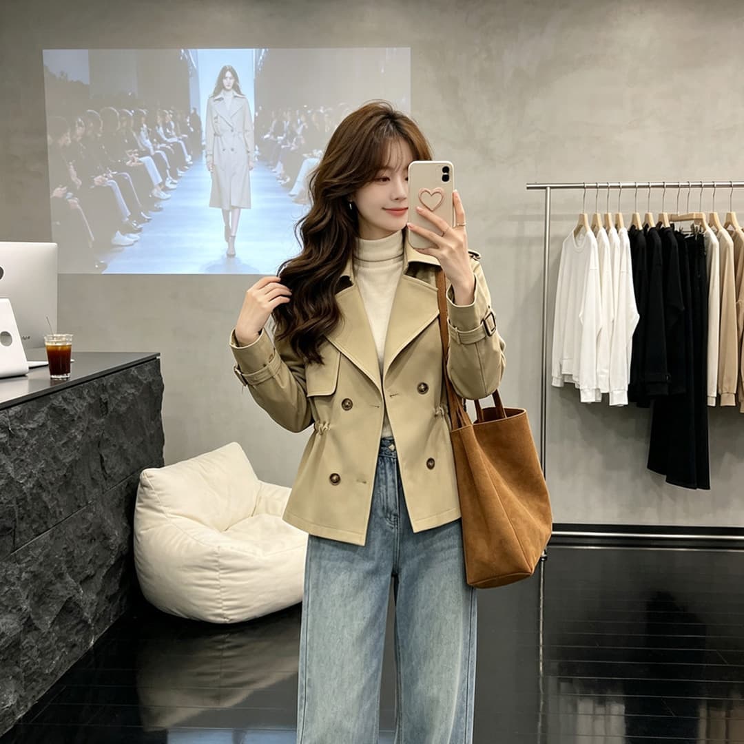 2026 년 고급 센스 작은 키 카키 색 쇼트 스타일 바람막이 펌프 로프 여자 새로운 봄 가을 품격 허리 수축 재킷