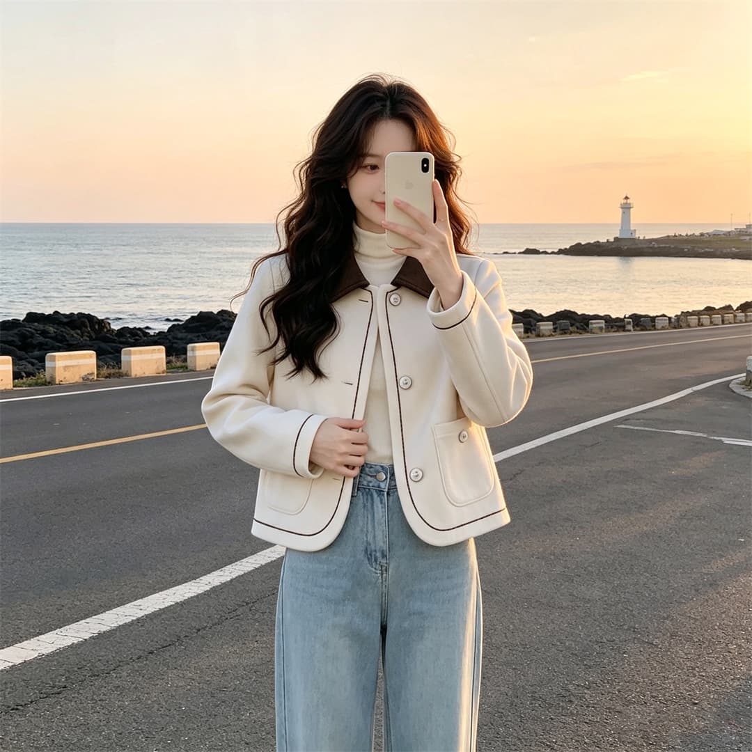 배색 폴로 칼라 쇼트 스타일 맨위 폭발 코트 여성 봄 가을 새로운 고급 센스 작은 샤넬 스타일 다용도 모직 외투 트렌디 상세 이미지 3
