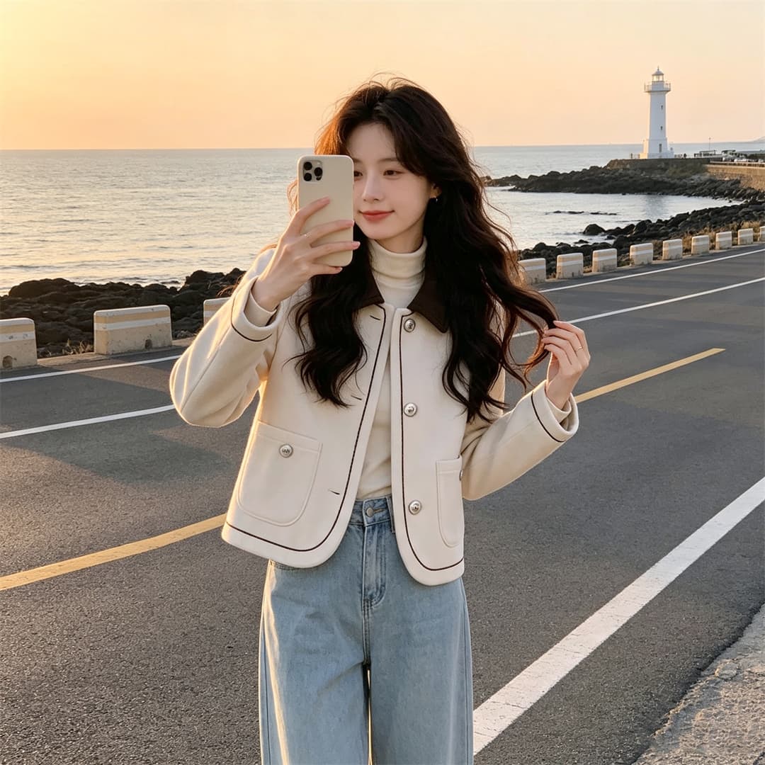 배색 폴로 칼라 쇼트 스타일 맨위 폭발 코트 여성 봄 가을 새로운 고급 센스 작은 샤넬 스타일 다용도 모직 외투 트렌디 상세 이미지 4