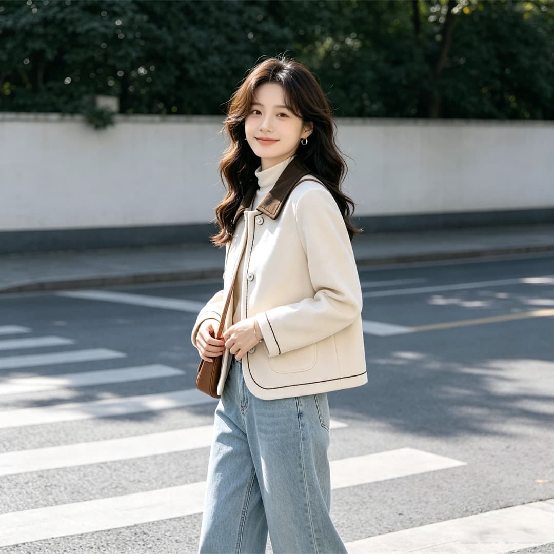 배색 폴로 칼라 쇼트 스타일 맨위 폭발 코트 여성 봄 가을 새로운 고급 센스 작은 샤넬 스타일 다용도 모직 외투 트렌디 상세 이미지 3