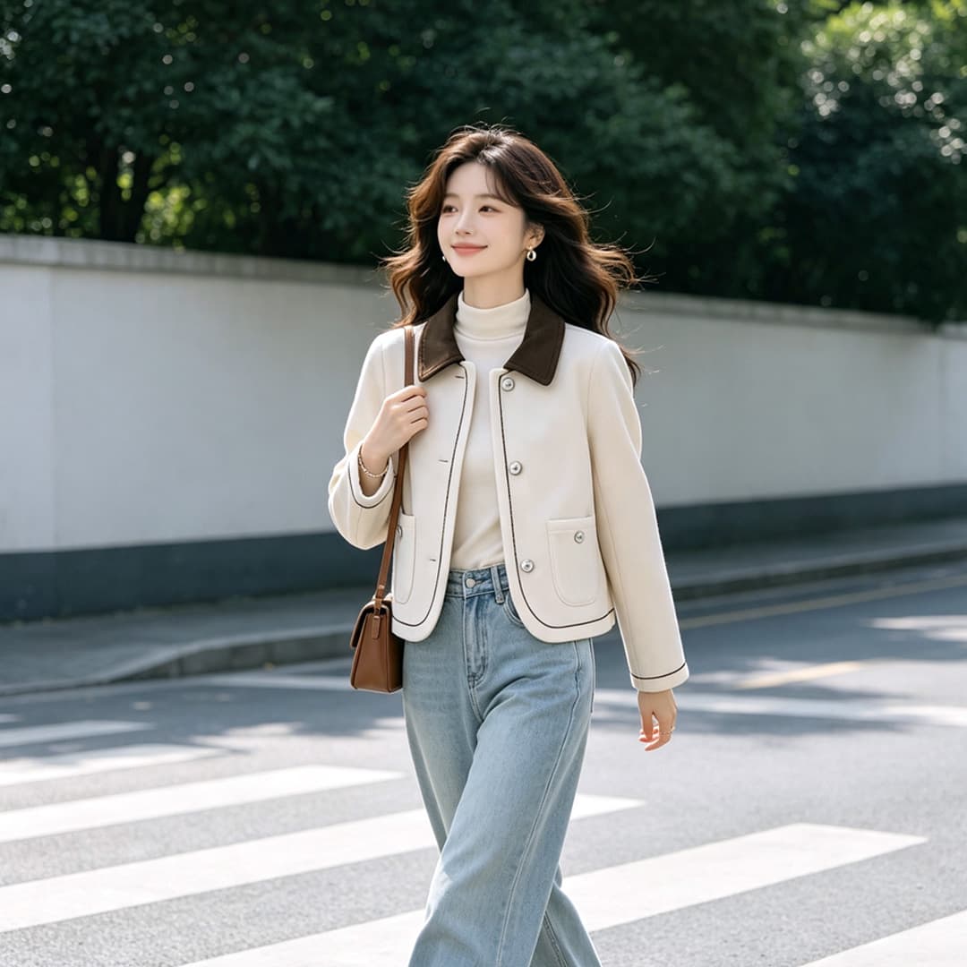 배색 폴로 칼라 쇼트 스타일 맨위 폭발 코트 여성 봄 가을 새로운 고급 센스 작은 샤넬 스타일 다용도 모직 외투 트렌디 상세 이미지 4