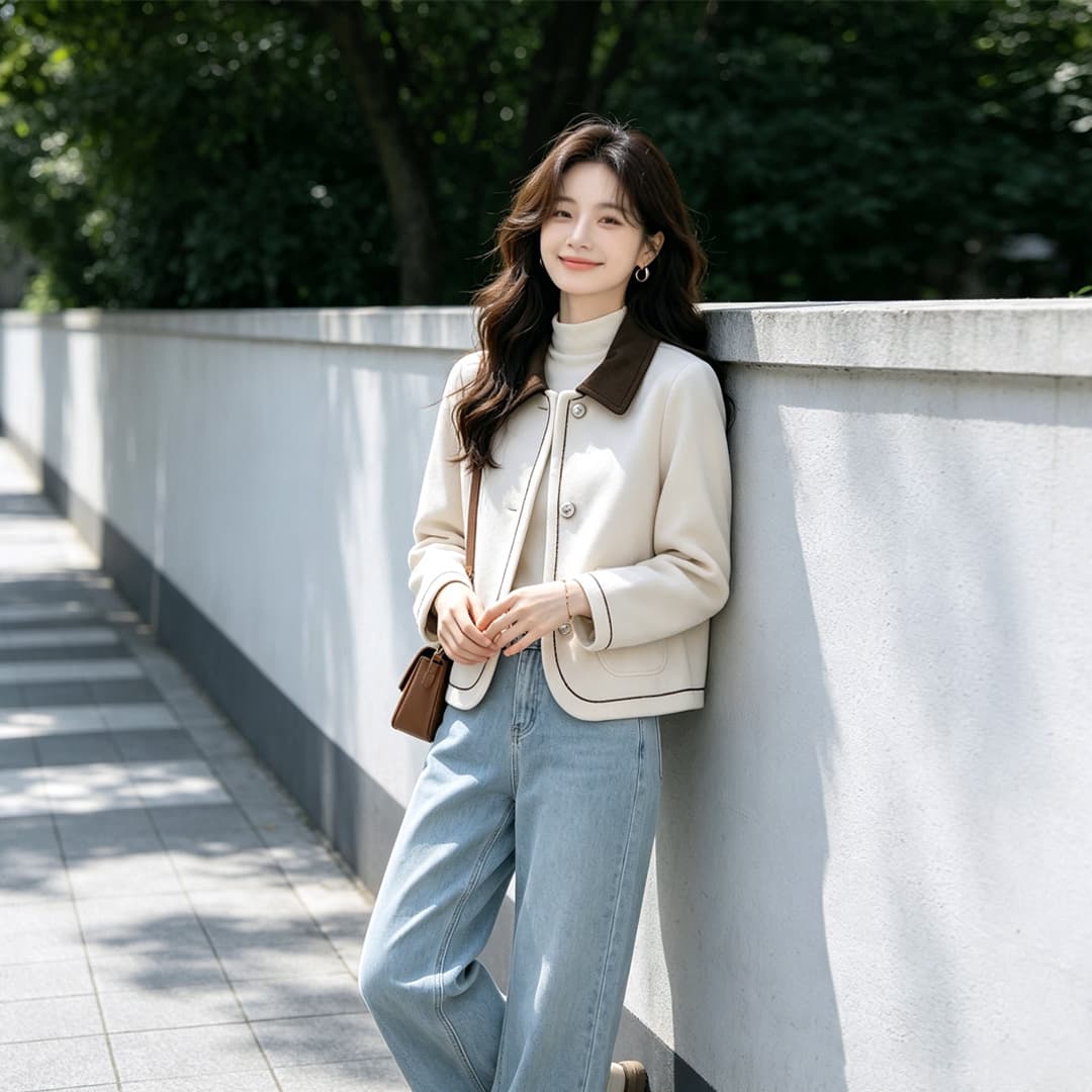 배색 폴로 칼라 쇼트 스타일 맨위 폭발 코트 여성 봄 가을 새로운 고급 센스 작은 샤넬 스타일 다용도 모직 외투 트렌디 상세 이미지 5