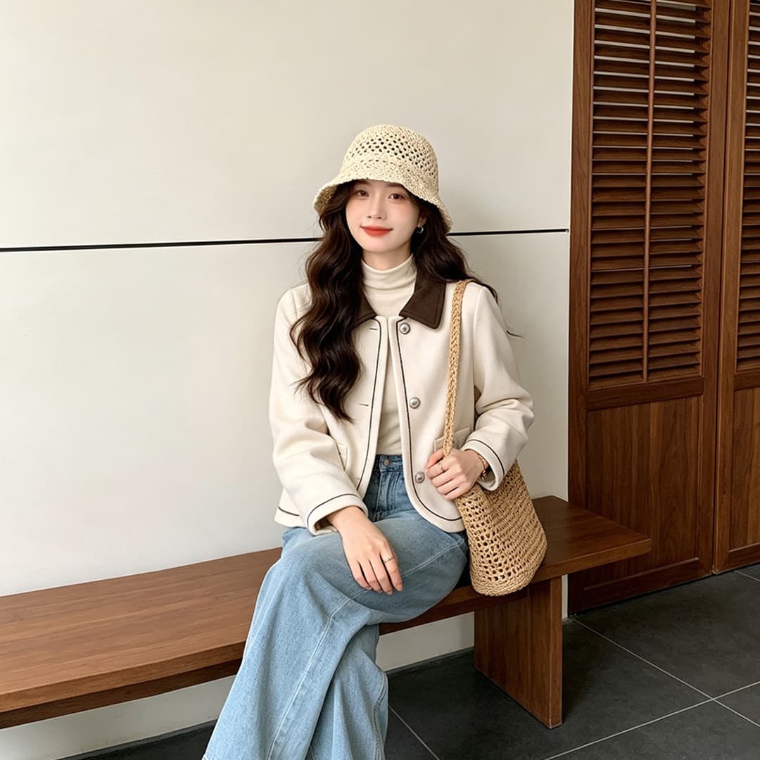 배색 폴로 칼라 쇼트 스타일 맨위 폭발 코트 여성 봄 가을 새로운 고급 센스 작은 샤넬 스타일 다용도 모직 외투 트렌디 상세 이미지 4