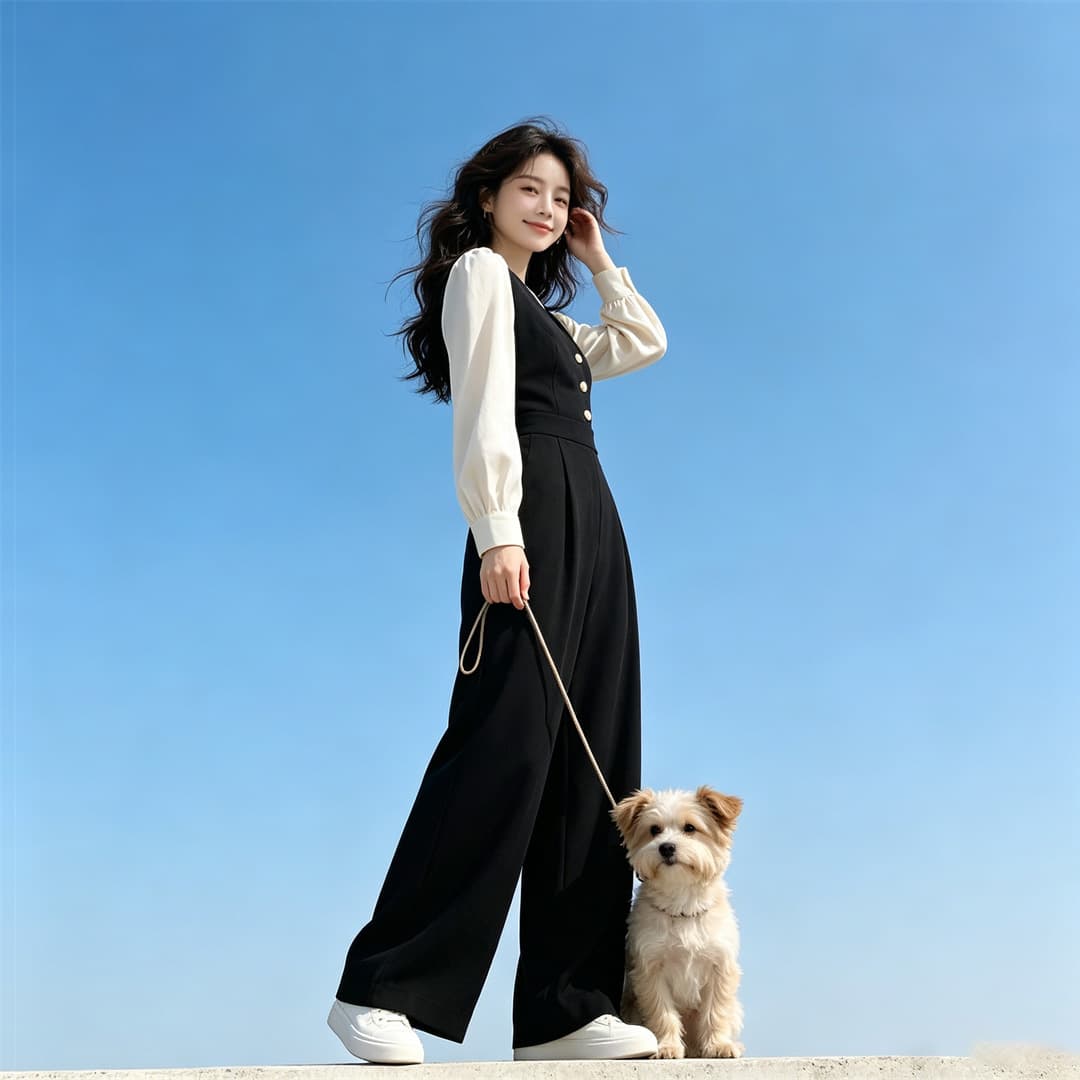 검정색 긴팔 올인원 바지 2026 봄 가을 새로운 허리 수축 슬림해 보이는 품격 다용도 고급 다리 바지 올인원 의류 상세 이미지 4