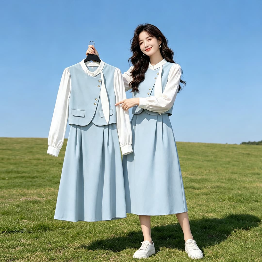 봄 가을 2026 새로운 페이크 레이어드 작은 샤넬 스타일 프랑스식 긴팔 여성 드레스 고급 센스 루즈핏 품격 롱 스커트 상세 이미지 4