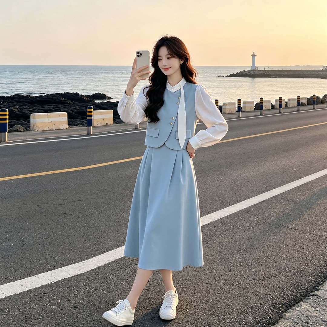 봄 가을 2026 새로운 페이크 레이어드 작은 샤넬 스타일 프랑스식 긴팔 여성 드레스 고급 센스 루즈핏 품격 롱 스커트 상세 이미지 4