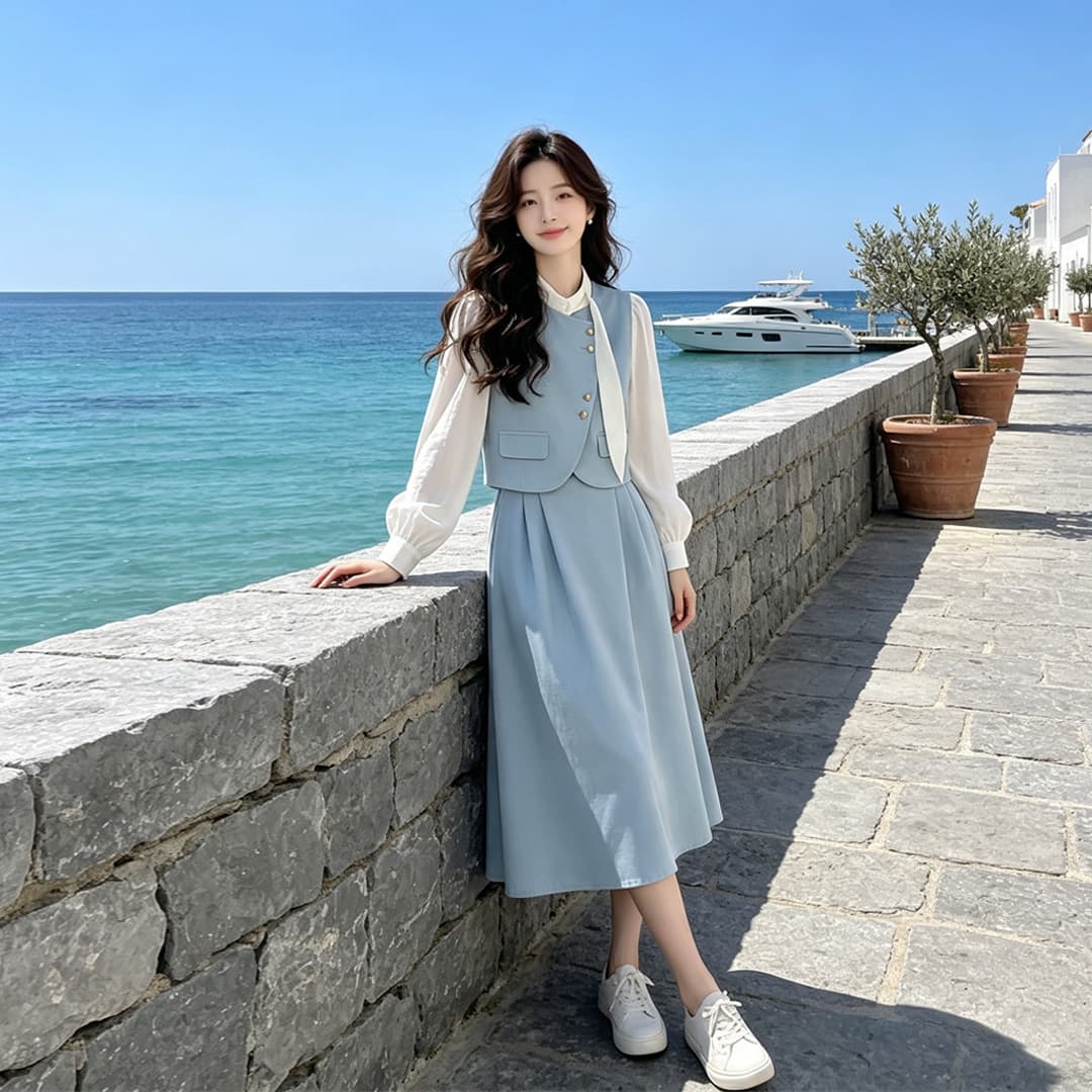 봄 가을 2026 새로운 페이크 레이어드 작은 샤넬 스타일 프랑스식 긴팔 여성 드레스 고급 센스 루즈핏 품격 롱 스커트 상세 이미지 2