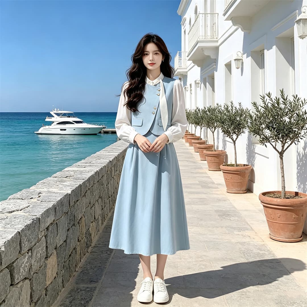 봄 가을 2026 새로운 페이크 레이어드 작은 샤넬 스타일 프랑스식 긴팔 여성 드레스 고급 센스 루즈핏 품격 롱 스커트 상세 이미지 5