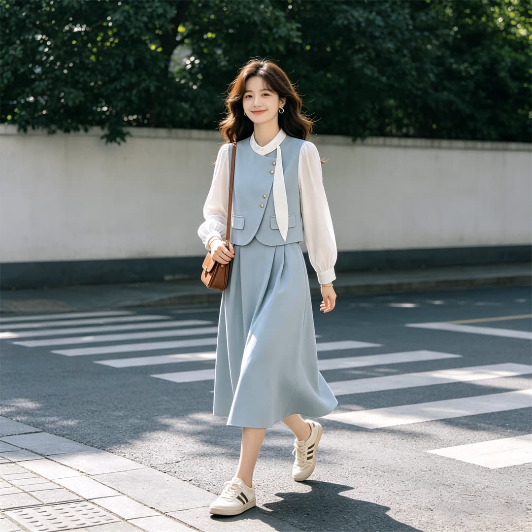 2026 새로운 봄 가을 페이크 레이어드 작은 샤넬 스타일 프랑스식 긴팔 여성 드레스 고급 센스 루즈핏 품격 롱 스커트