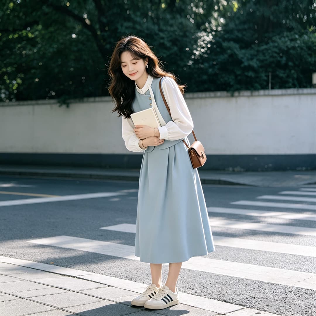 2026 새로운 봄 가을 페이크 레이어드 작은 샤넬 스타일 프랑스식 긴팔 여성 드레스 고급 센스 루즈핏 품격 롱 스커트 상세 이미지 5