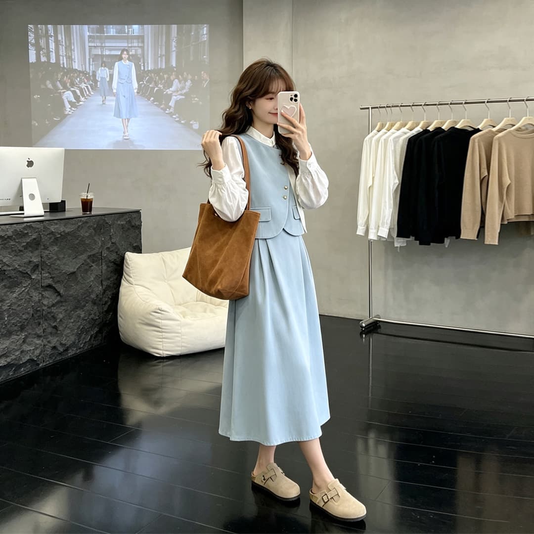 2026 새로운 봄 가을 페이크 레이어드 작은 샤넬 스타일 프랑스식 긴팔 여성 드레스 고급 센스 루즈핏 품격 롱 스커트 이미지 2