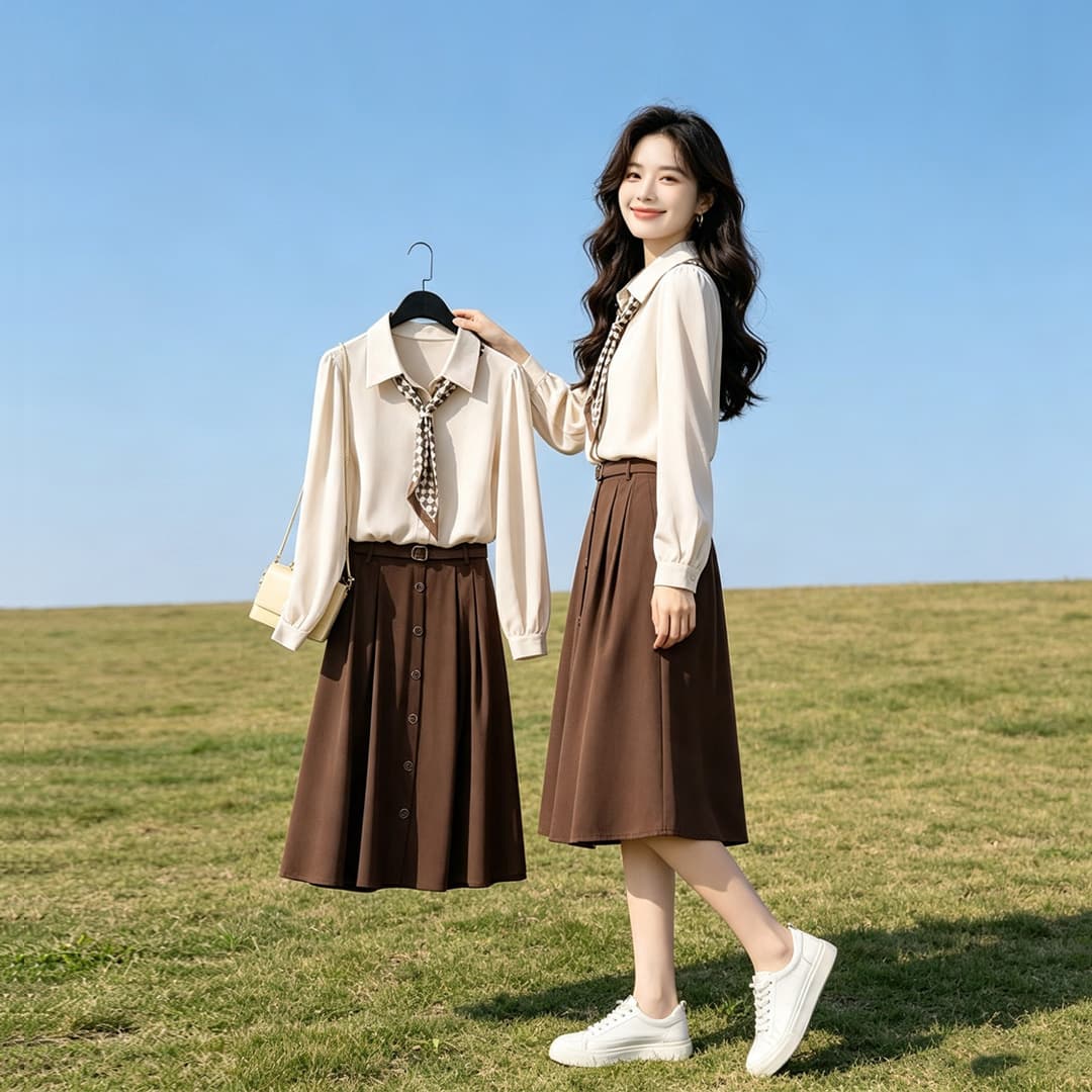 점프 슈트 치마 세트 여성 봄 가을 2026 새로운 고급 센스 품격 슬림해 보이는 연령 감소 셔츠 반신 스커트 투피스 세트 상세 이미지 5