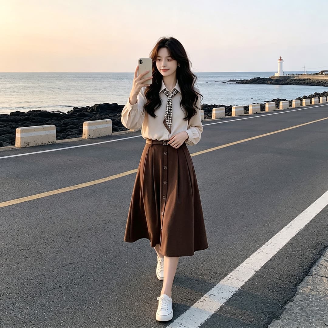 점프 슈트 치마 세트 여성 봄 가을 2026 새로운 고급 센스 품격 슬림해 보이는 연령 감소 셔츠 반신 스커트 투피스 세트 이미지 3