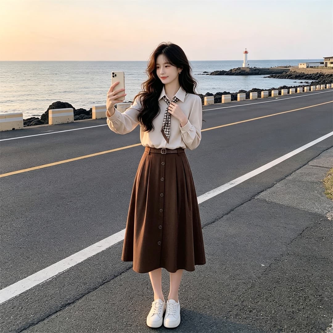 점프 슈트 치마 세트 여성 봄 가을 2026 새로운 고급 센스 품격 슬림해 보이는 연령 감소 셔츠 반신 스커트 투피스 세트 상세 이미지 3