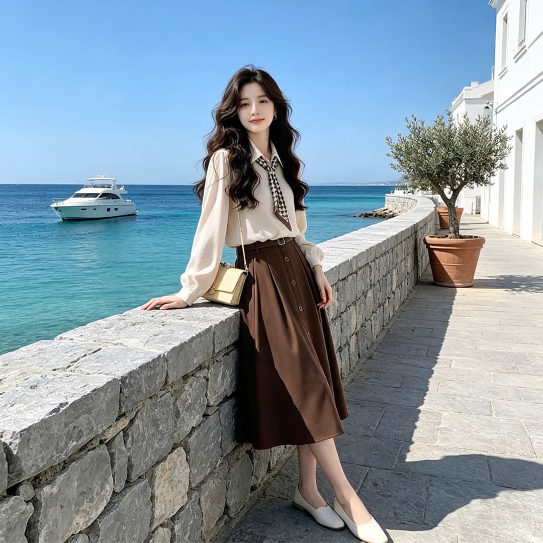 2026 새로운 봄 가을 점프 슈트 치마 세트 여성 고급 센스 품격 슬림해 보이는 연령 감소 셔츠 반신 스커트 투피스 세트