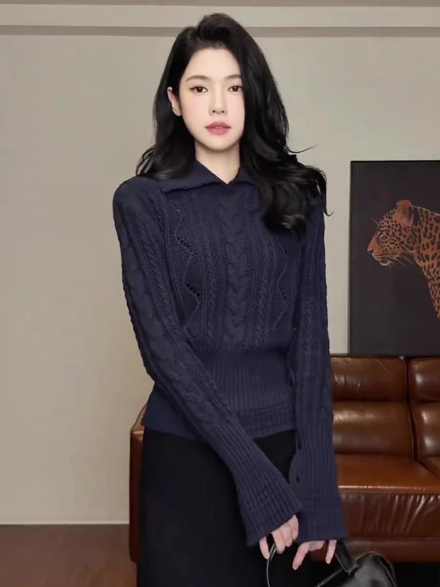 ysa89201 폴로 칼라 꽈배기 밑단 허리 수축 슬림해 보이는 다용도 니트 맨위 스웨터 여자 ysa89202 상세 이미지 8
