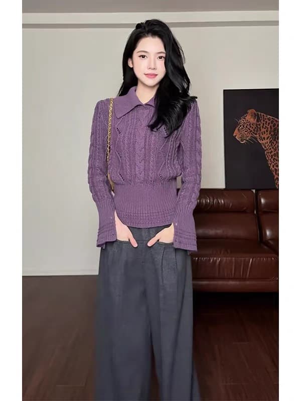 ysa89201 폴로 칼라 꽈배기 밑단 허리 수축 슬림해 보이는 다용도 니트 맨위 스웨터 여자 ysa89202 상세 이미지 1