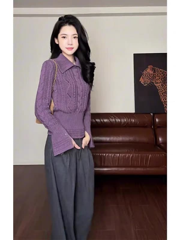 ysa89201 폴로 칼라 꽈배기 밑단 허리 수축 슬림해 보이는 다용도 니트 맨위 스웨터 여자 ysa89202 상세 이미지 3