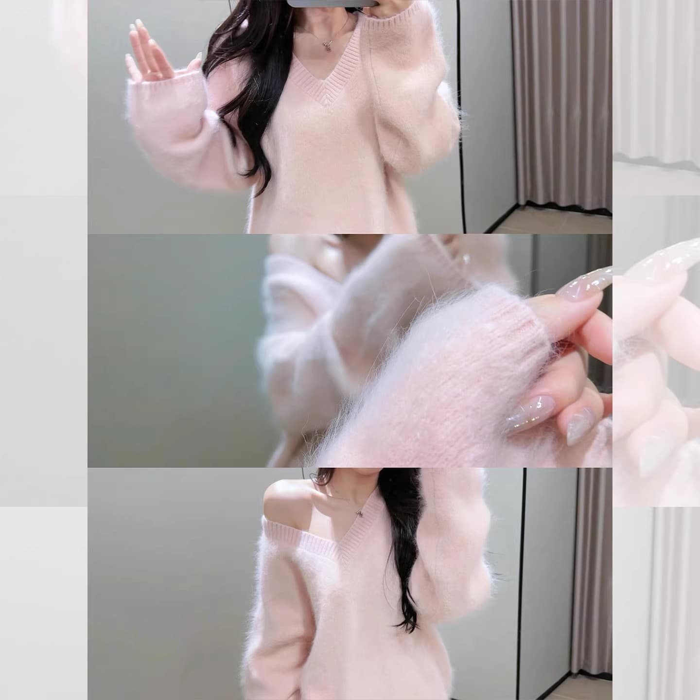 부드러운 찹쌀 우유 fufu 파란색 모헤어 V넥 스웨터 여자 가을 겨울 외출용 작은 키 루즈핏 느긋한 니트 맨위 이미지 3